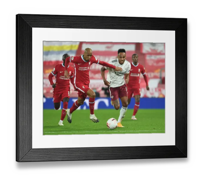 Framed Print : Aubameyang vs. Fabinho: Liverpool vs. Arsenal Clash in Empty Anfield (2020-21 Premier League)