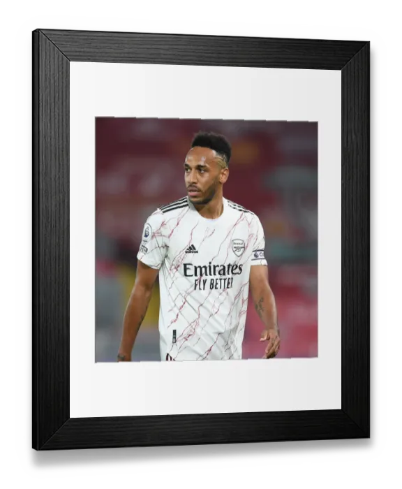 Framed Print : Arsenal's Aubameyang Faces Empty Anfield in 2020-21 Premier League Clash Amidst COVID-19 Restrictions