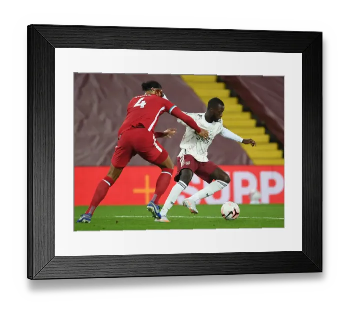 Framed Print : Pepe vs. Van Dijk: Battle at Anfield in Empty Premier League Stadium (Liverpool vs. Arsenal, 2020-21)
