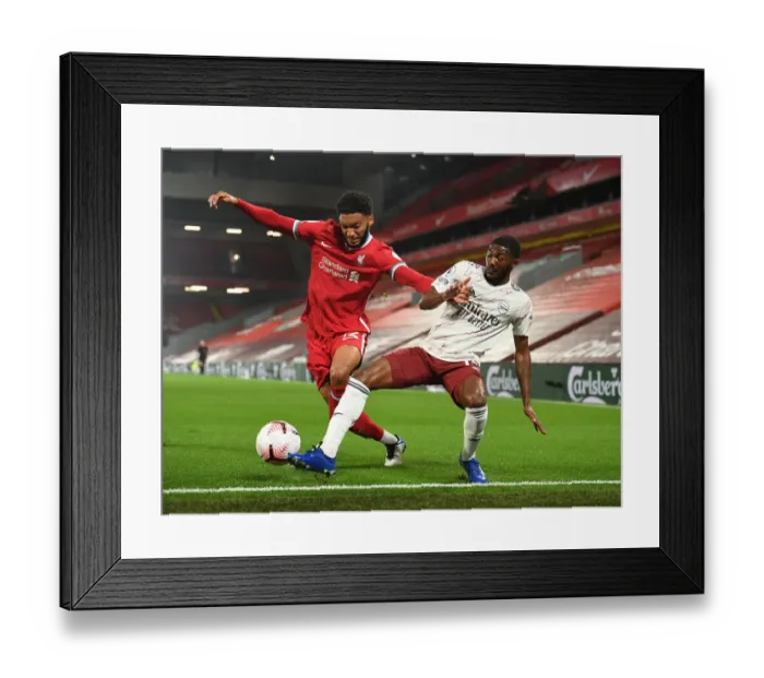Framed Print : Clash at Anfield: Maitland-Niles vs. Gomez - Liverpool vs. Arsenal, Premier League 2020-21: A Battle of Wits