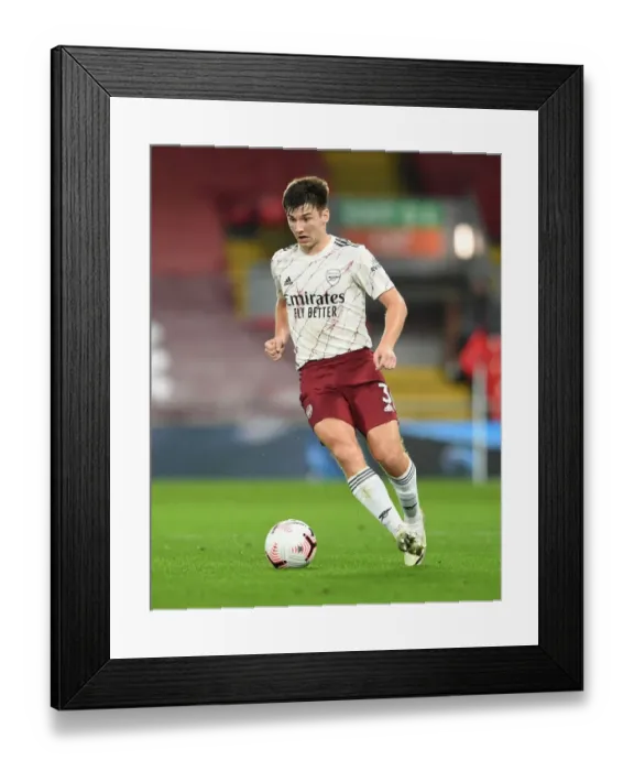 Framed Print : Arsenal's Kieran Tierney Faces Liverpool at Anfield in Empty Premier League Arena, 2020-21 Season