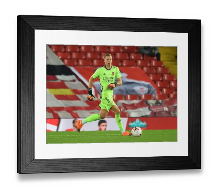 Framed Print : Arsenal's Bernd Leno in Action at Empty Anfield: Liverpool vs Arsenal, Premier League 2020-21