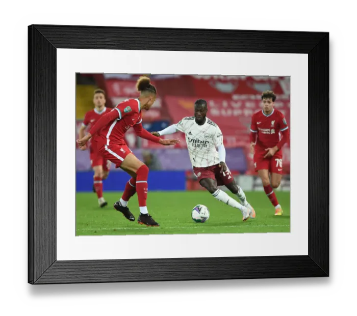 Framed Print : Pepe Breaks Past Williams: Empty Anfield Rivals Liverpool and Arsenal in Carabao Cup Clash