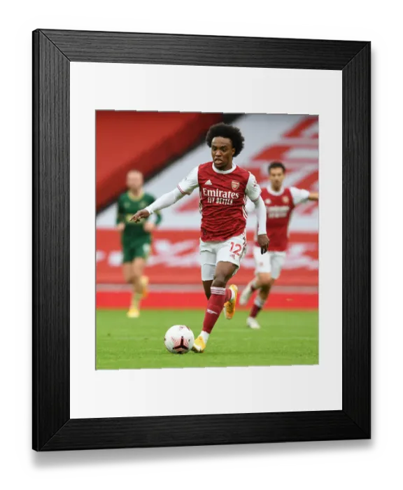Framed Print : Willian Plays On: Arsenal vs Sheffield United at Empty Emirates Stadium, Premier League 2020-21