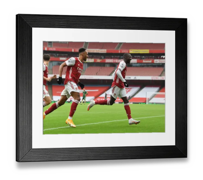 Framed Print : Arsenal's Pepe and Aubameyang Celebrate Empty-Stadium Goals (2020-21): Arsenal vs Sheffield United Framed Print : Arsenal's Pepe and Aubameyang Celebrate Empty-Stadium Goals (2020-21): Arsenal vs Sheffield United