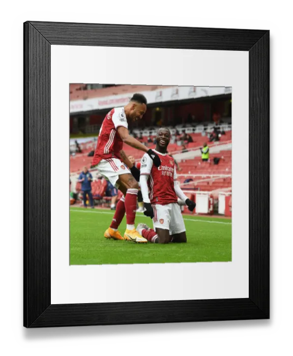 Framed Print : Arsenal's Nicolas Pepe and Pierre-Emerick Aubameyang Celebrate Goals Against Sheffield United (2020-21) Framed Print : Arsenal's Nicolas Pepe and Pierre-Emerick Aubameyang Celebrate Goals Against Sheffield United (2020-21)