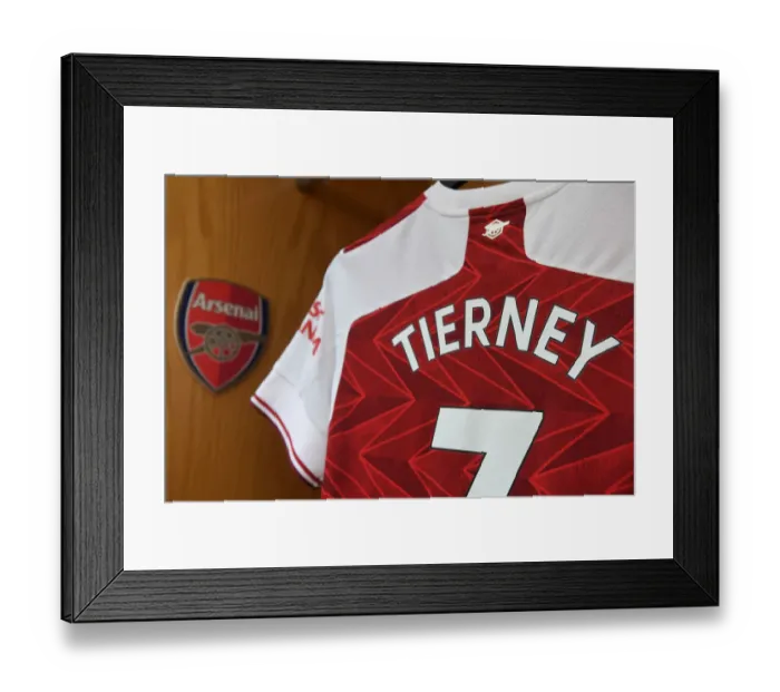 Framed Print : Arsenal v Sheffield United: Empty Emirates Stadium - Kieran Tierney's Shirt Hangs Awaiting Premier League Clash (2020-21)