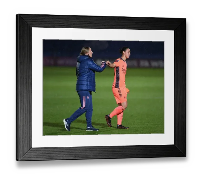 Framed Print : Arsenal Women Celebrate Continental Cup Victory Over Chelsea Women: Manuela Zinsberger and Leanne Hall Embrace