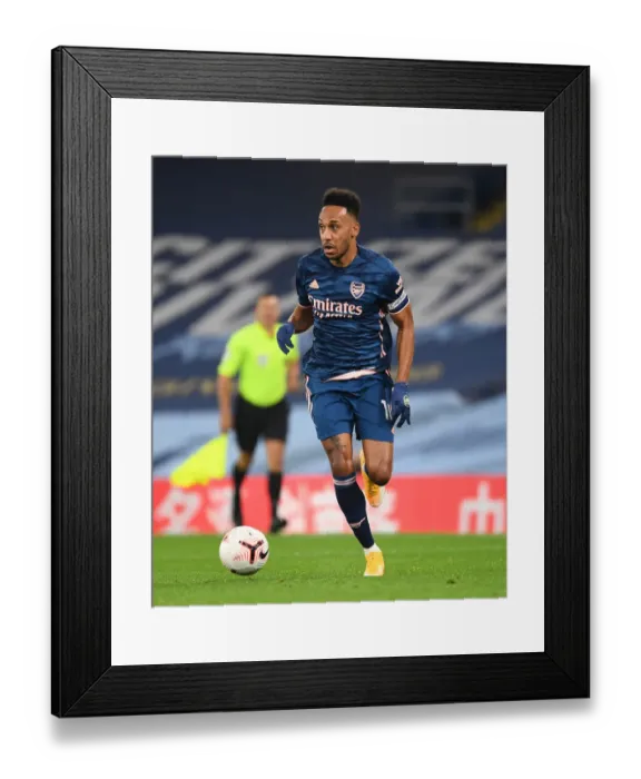 Framed Print : Pierre-Emerick Aubameyang at Etihad Stadium: Manchester City vs. Arsenal, 2020-21 Season