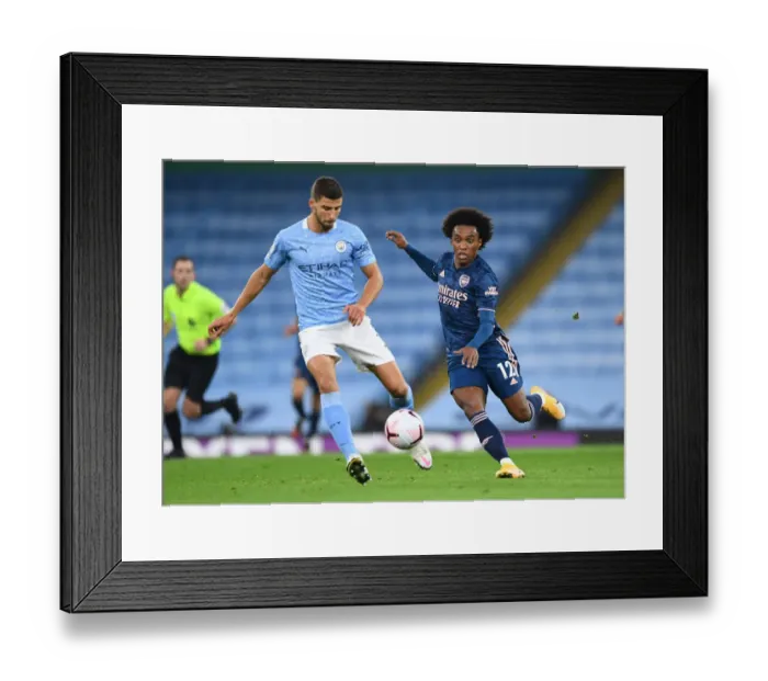 Framed Print : Willian Closes Down Dias: Intense Battle Between Manchester City and Arsenal in Premier League 2020-21
