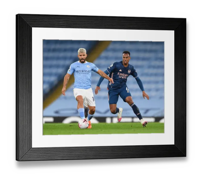 Framed Print : Manchester City vs Arsenal: Gabriel Magalhaes Stifles Sergio Aguero's Threat Framed Print : Manchester City vs Arsenal: Gabriel Magalhaes Stifles Sergio Aguero's Threat