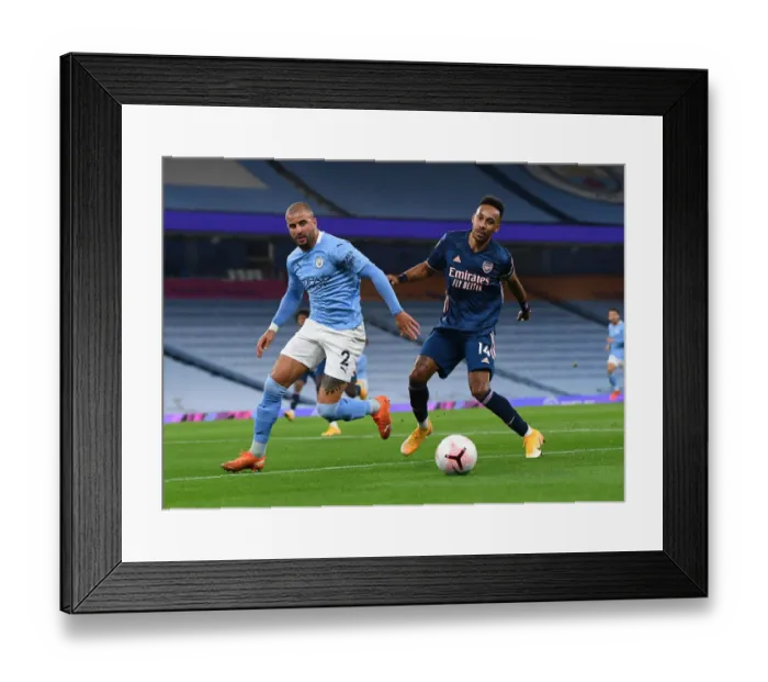 Framed Print : Premier League Showdown: Aubameyang vs. Walker - Manchester City vs. Arsenal (2020-21): A Battle of Stars at Etihad Stadium