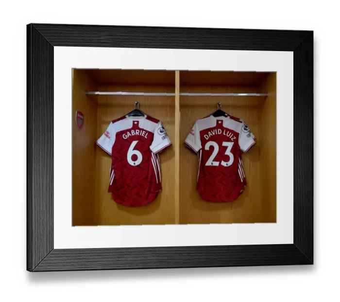 Framed Print : Arsenal Changing Room: Gabriel and David Luiz Shirts Before Empty Arsenal v Leicester City Match, 2020-21