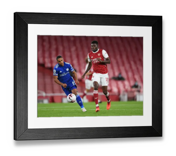 Framed Print : Arsenal vs Leicester City: Thomas Partey Clashes with Youri Tielemans in Empty Emirates Stadium, Premier League 2020-21