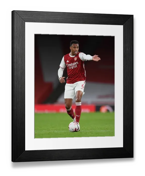 Framed Print : Arsenal's Gabriel Magalhaes at Empty Emirates: Arsenal vs Leicester City, Premier League 2020-21