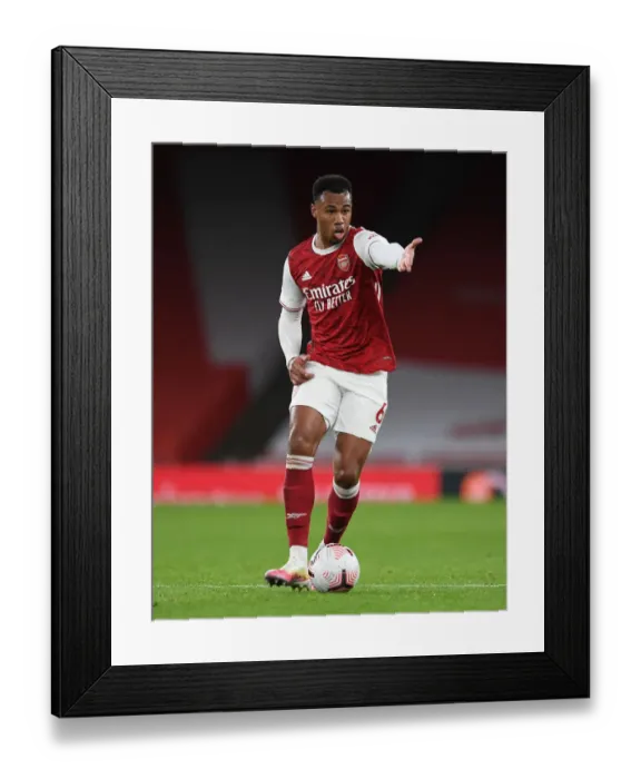 Framed Print : Arsenal's Gabriel Magalhaes at Empty Emirates: Arsenal vs Leicester City, Premier League 2020-21