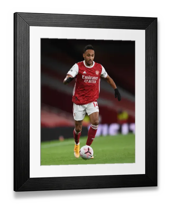 Framed Print : Arsenal's Aubameyang Shines in Empty Emirates: Arsenal vs. Leicester City (2020-21)