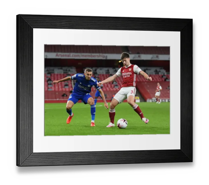 Framed Print : Tierney vs Castagne: A Football Rivalry at the Empty Emirates - Arsenal vs Leicester City (2020-21)