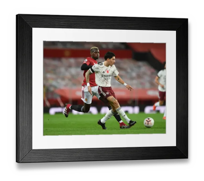 Framed Print : Bellerin vs Pogba: Premier League Battle at Old Trafford in Empty Stadiums, Manchester United vs Arsenal 2020-21