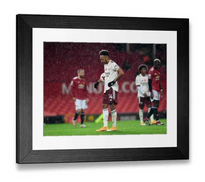 Framed Print : Arsenal's Aubameyang Battles Manchester United in Empty Old Trafford (2020-21 Premier League)