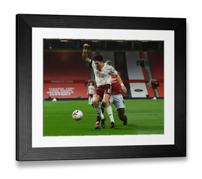 Framed Print : Controversial Penalty: Arsenal's Bellerin at Empty Old Trafford (Manchester United vs Arsenal, 2020-21)