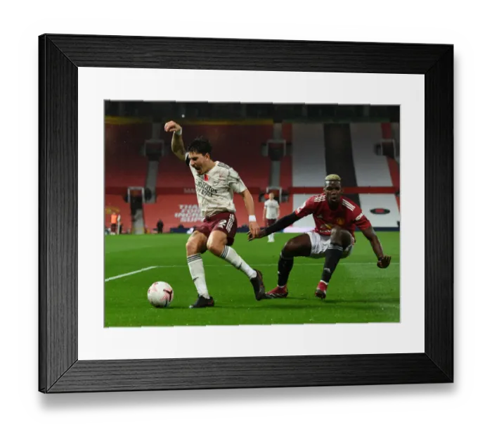 Framed Print : Bellerin's Controversial Penalty: Manchester United vs Arsenal at Empty Old Trafford (2020-21)