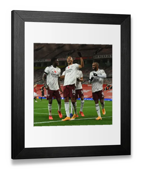 Framed Print : Triumphant Threesome: Aubameyang, Partey, Lacazette's Empty Old Trafford Goal Celebration (Manchester United vs Arsenal, 2020-21) Framed Print : Triumphant Threesome: Aubameyang, Partey, Lacazette's Empty Old Trafford Goal Celebration (Manchester United vs Arsenal, 2020-21)