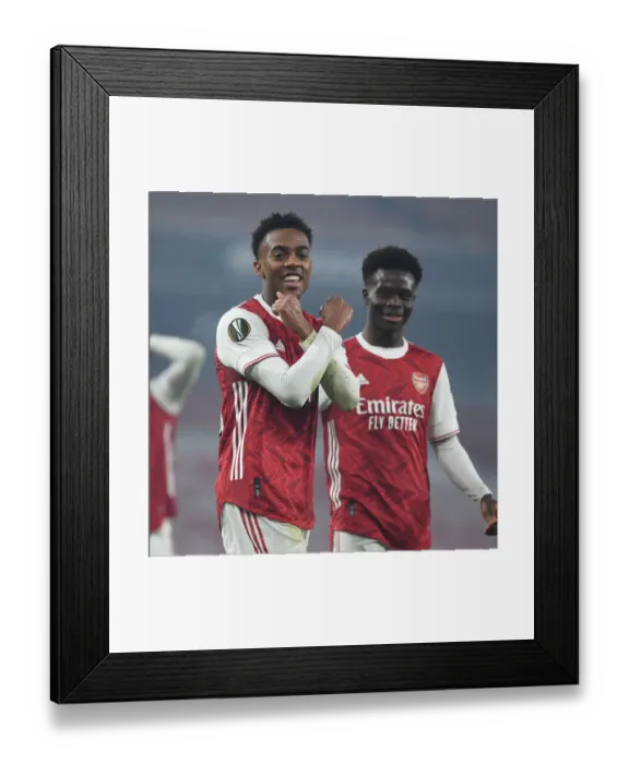Framed Print : Arsenal's Joe Willock and Bukayo Saka Celebrate Goals Against Molde in Europa League
