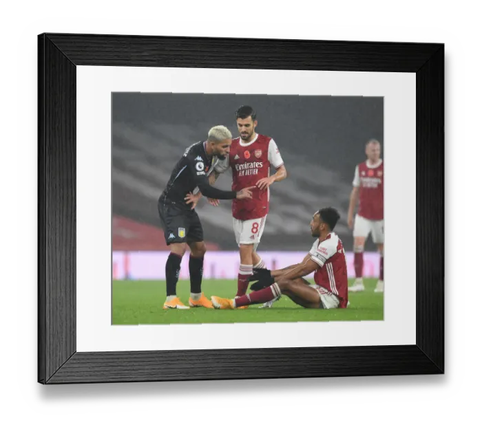 Framed Print : Arsenal vs Aston Villa: Aubameyang and Ceballos Face Off in Empty Emirates Stadium (2020-21)