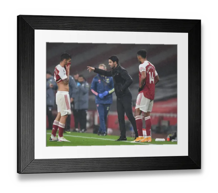 Framed Print : Arsenal Manager Mikel Arteta Speaks with Dani Ceballos Amidst Empty Emirates Stadium - Arsenal v Aston Villa, 2020-21 Premier League