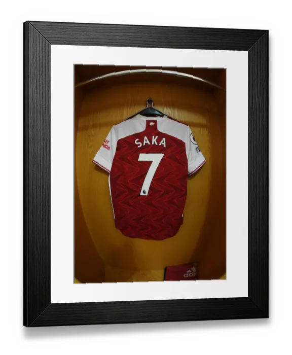 Framed Print : Arsenal FC: Emirates Stadium - Arsenal vs Aston Villa (Behind Closed Doors), 2020-21: Bukayo Saka's Hanging Shirt