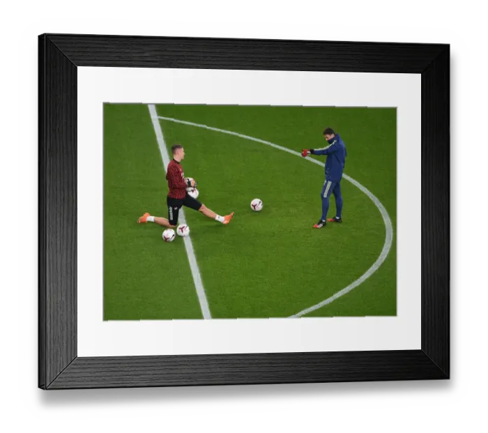 Framed Print : Arsenal: Bernd Leno and Inaki Cana - Pre-Match Chat at Emirates Stadium (Arsenal v Aston Villa, 2020-21)