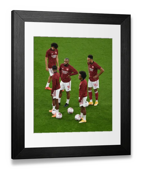 Framed Print : Arsenal Stars Lacazette and Aubameyang Warm Up Ahead of Arsenal v Aston Villa (2020-21)