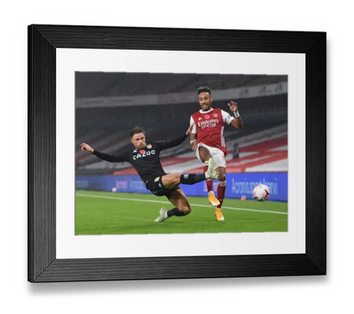 Framed Print : Aubameyang vs. Cash: Intense Battle between Arsenal's Star Striker and Aston Villa's Defender in the Premier League Framed Print : Aubameyang vs. Cash: Intense Battle between Arsenal's Star Striker and Aston Villa's Defender in the Premier League