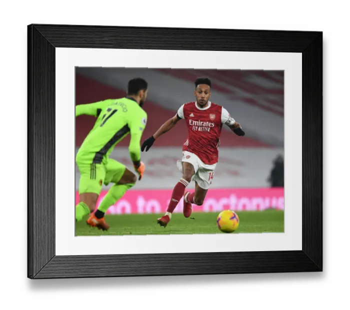 Framed Print : Arsenal's Aubameyang Scores Alone: Emirates Stadium's Empty Standes (2020-21) - Arsenal vs. Wolverhampton Wanderers