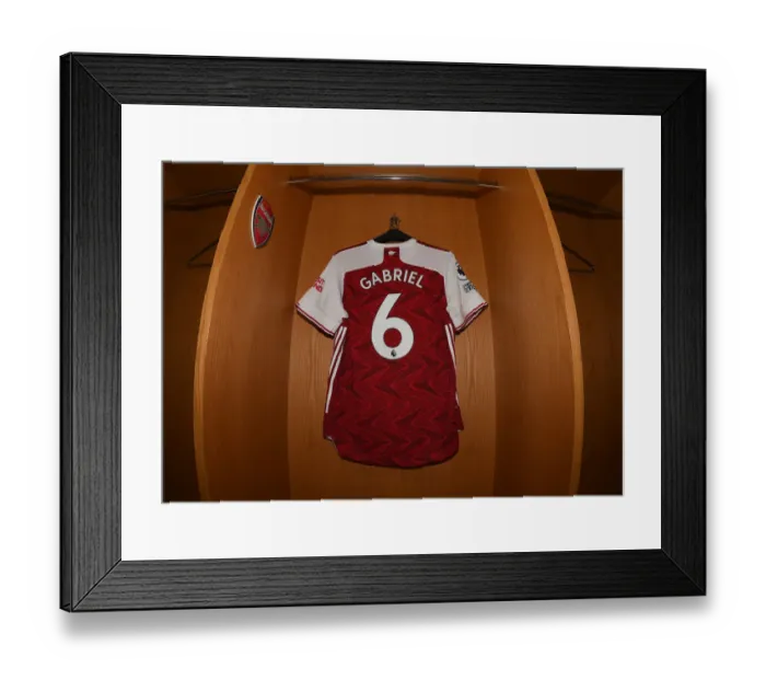 Framed Print : Arsenal Changing Room: Gabriels Shirt Before Arsenal vs Burnley (2020-21)