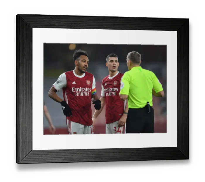 Framed Print : Arsenal's Aubameyang and Xhaka Argue with Referee during Arsenal v Burnley Match, 2020-21 Premier League Framed Print : Arsenal's Aubameyang and Xhaka Argue with Referee during Arsenal v Burnley Match, 2020-21 Premier League