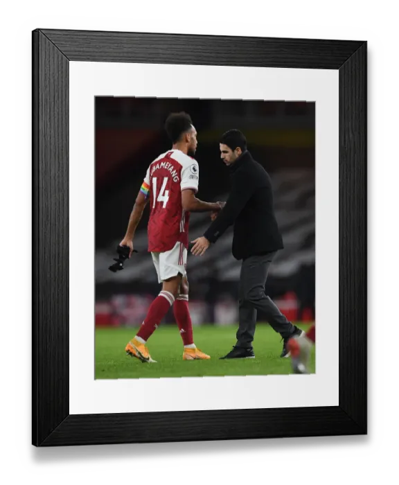 Framed Print : Arsenal Manager Mikel Arteta Celebrates with Pierre-Emerick Aubameyang after Arsenal's Win against Burnley (December 2020) Framed Print : Arsenal Manager Mikel Arteta Celebrates with Pierre-Emerick Aubameyang after Arsenal's Win against Burnley (December 2020)