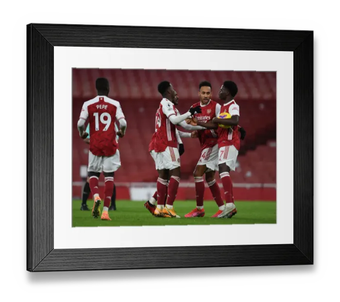 Framed Print : Arsenal's Triumph: Aubameyang, Nketiah, Saka's Unforgettable Goal Celebration (2020-21)