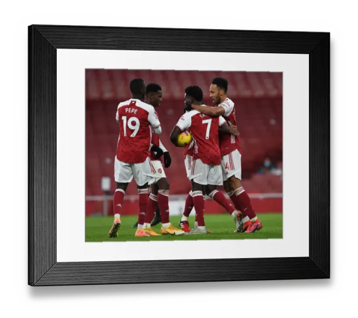 Framed Print : Aubameyang and Saka Celebrate Arsenal's Goal: Arsenal v Southampton, 2020-21 Premier League