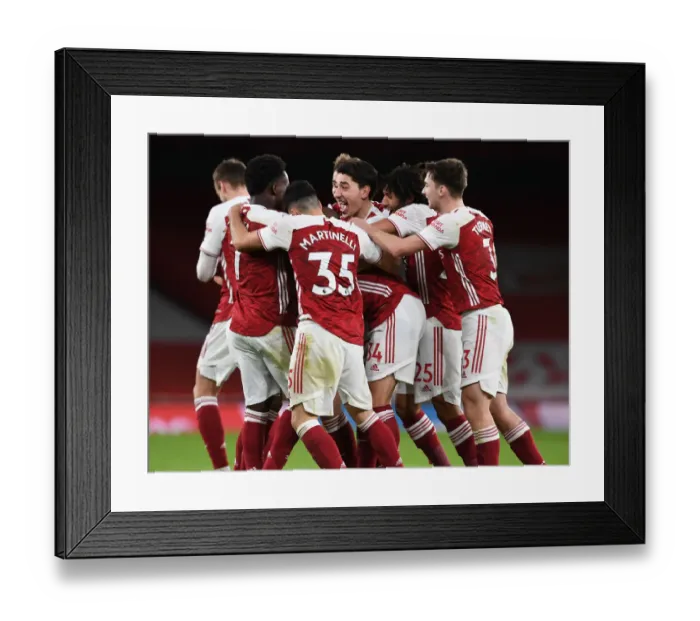 Framed Print : Arsenal Celebrate Granit Xhaka's Goal: Arsenal 2-Chelsea (Premier League 2020-21, Behind Closed Doors)