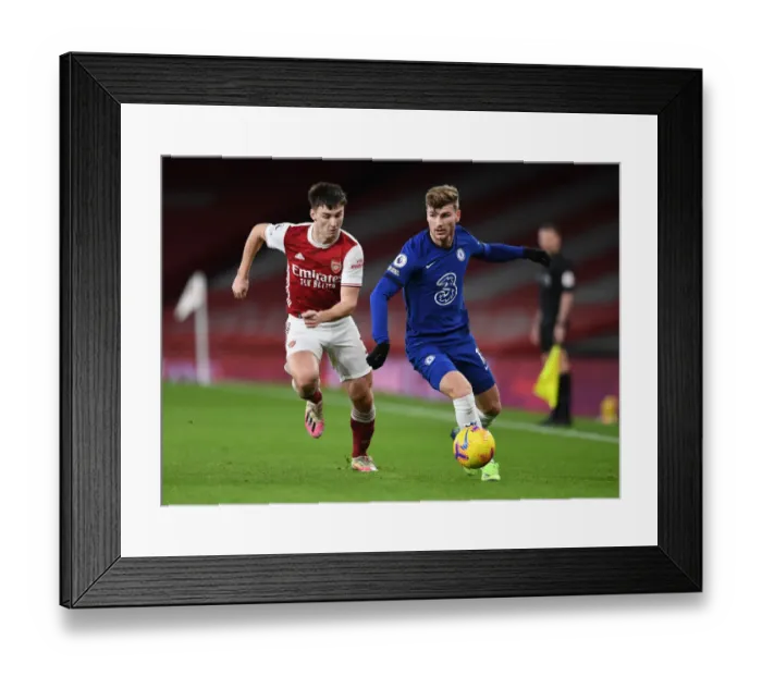 Framed Print : Tierney vs. Werner: A Battle at the Emirates - Arsenal vs. Chelsea, Premier League 2020-21: Clash of Stars