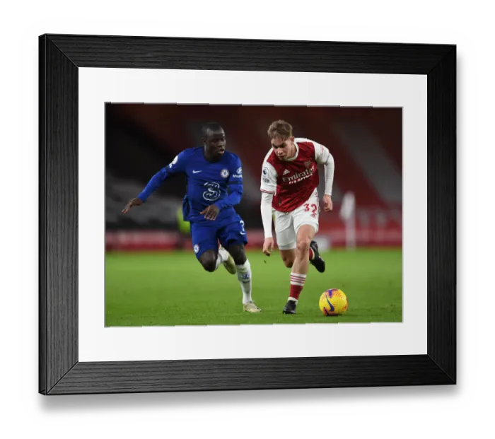 Framed Print : Smith Rowe vs. Kante: A Midfield Showdown in Arsenal vs. Chelsea Clash