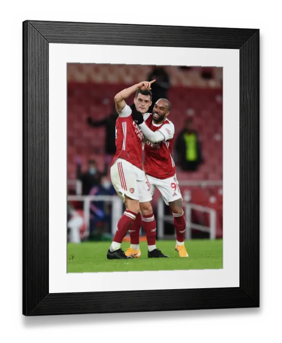 Framed Print : Xhaka and Lacazette Celebrate Arsenal's Victory Goals Against Chelsea (2020-21) Framed Print : Xhaka and Lacazette Celebrate Arsenal's Victory Goals Against Chelsea (2020-21)