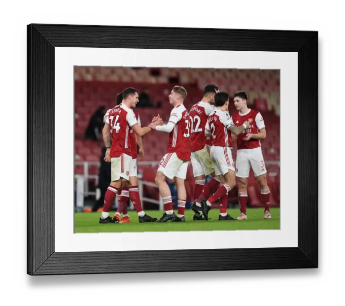 Framed Print : Xhaka and Smith Rowe Celebrate Arsenal's Victory Goals Against Chelsea (Arsenal v Chelsea 2020-21)