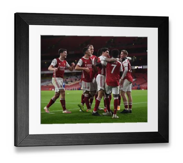 Framed Print : Arsenal's Bukayo Saka and Hector Bellerin Celebrate Goal During Arsenal v Chelsea Warm-Up (2020-21)