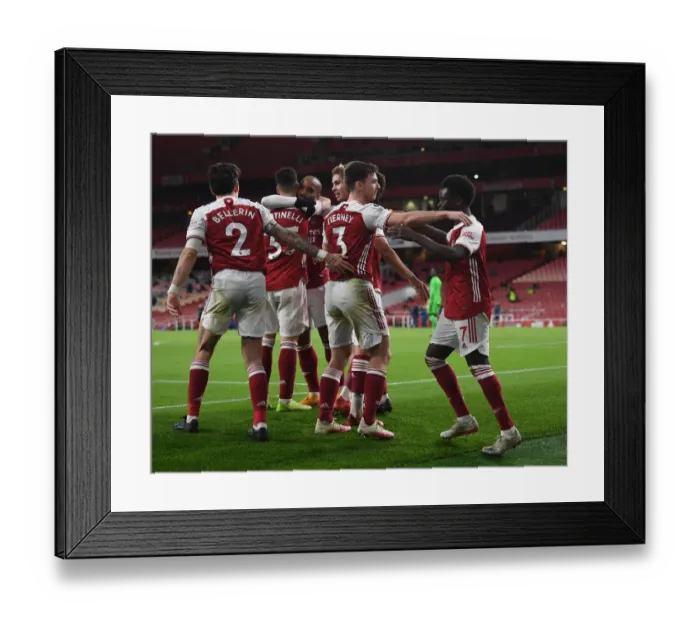Framed Print : Arsenal's Bukayo Saka and Kieran Tierney Celebrate Goal During Arsenal v Chelsea Warm-Up (2020-21)