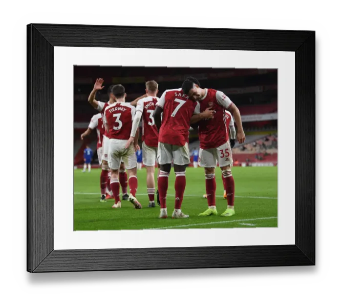 Framed Print : Arsenal's Triumph: Saka and Martinelli Celebrate Goals Against Chelsea (Premier League 2020-21) Framed Print : Arsenal's Triumph: Saka and Martinelli Celebrate Goals Against Chelsea (Premier League 2020-21)