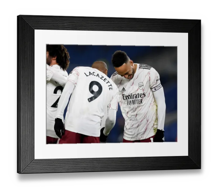 Framed Print : Alexandre Lacazette and Pierre-Emerick Aubameyang Celebrate Goal: Brighton & Hove Albion vs Arsenal, Premier League 2020-21