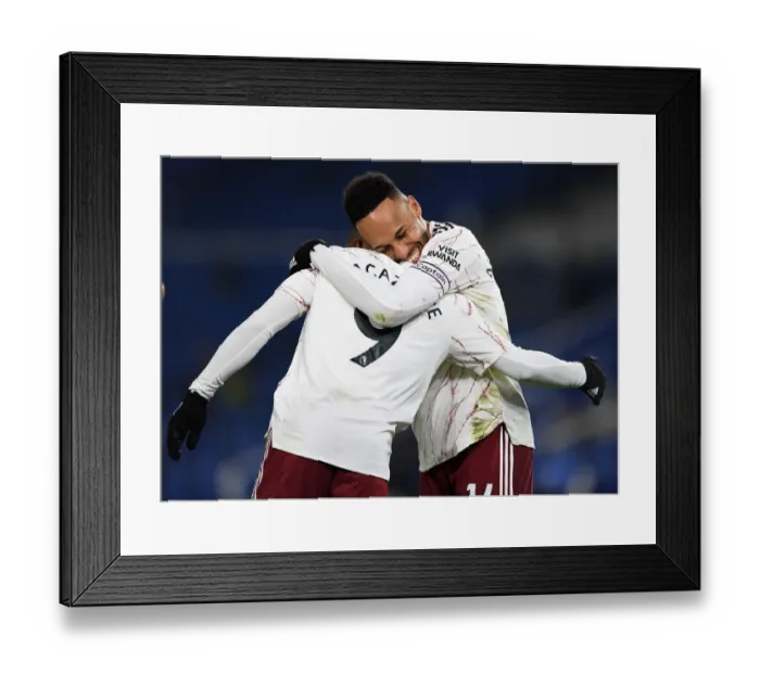 Framed Print : Lacazette and Aubameyang Celebrate Goal: Brighton & Hove Albion vs. Arsenal, Premier League 2020-21